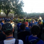 Jonathan Dimbleby addressing the 50/50/50 walkers at St Thomas's Hospital