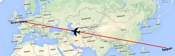 A map showing a flight from Saipan to the United Kingdom